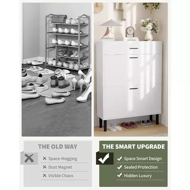 Shoe Cabinet Storage for Entryway Ultra Slim with 2 Flip &1Drop-Down Drawers, Narrow Shoe Cabinet,Freestanding Modern Wood Shoes Organizer