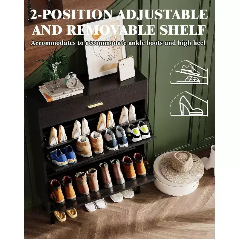 Shoe Cabinet Storage for Entryway Ultra Slim with 2 Flip &1Drop-Down Drawers, Narrow Shoe Cabinet,Freestanding Modern Wood Shoes Organizer