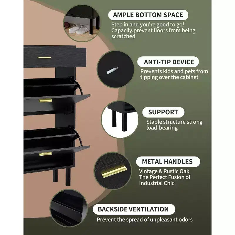 Shoe Cabinet Storage for Entryway Ultra Slim with 2 Flip &1Drop-Down Drawers, Narrow Shoe Cabinet,Freestanding Modern Wood Shoes Organizer