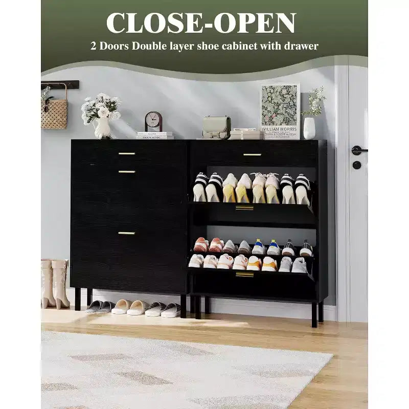 Shoe Cabinet Storage for Entryway Ultra Slim with 2 Flip &1Drop-Down Drawers, Narrow Shoe Cabinet,Freestanding Modern Wood Shoes Organizer