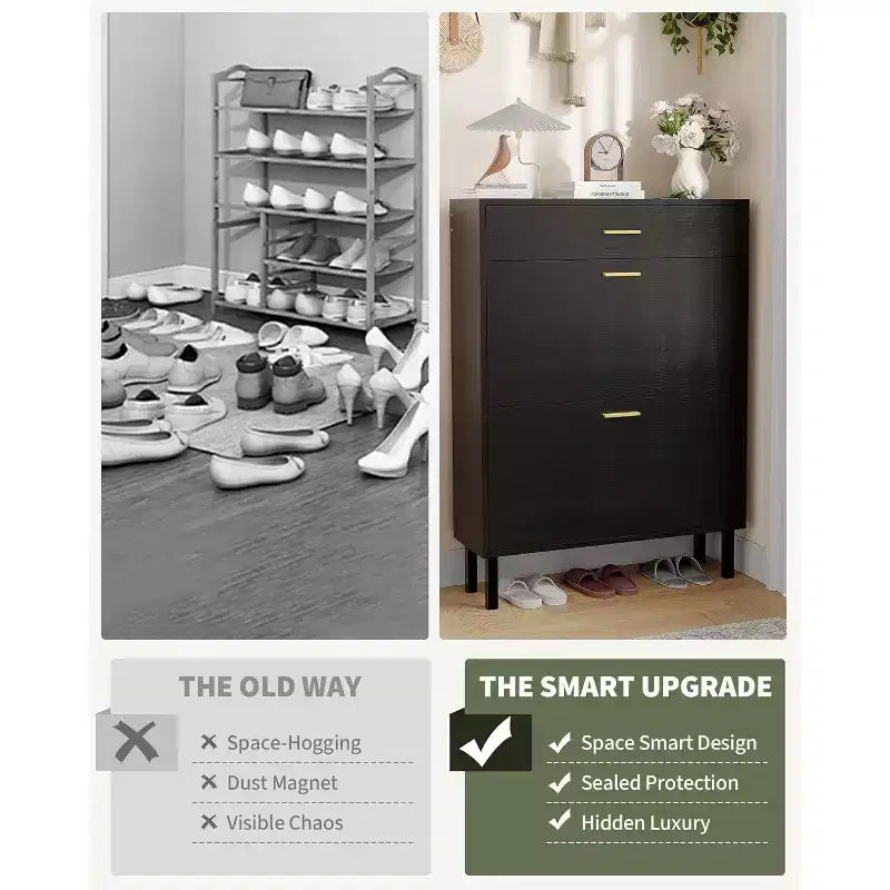 Shoe Cabinet Storage for Entryway Ultra Slim with 2 Flip &1Drop-Down Drawers, Narrow Shoe Cabinet,Freestanding Modern Wood Shoes Organizer