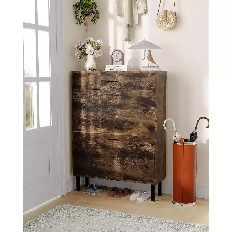 Shoe Cabinet Storage for Entryway Ultra Slim with 2 Flip &1Drop-Down Drawers, Narrow Shoe Cabinet,Freestanding Modern Wood Shoes Organizer