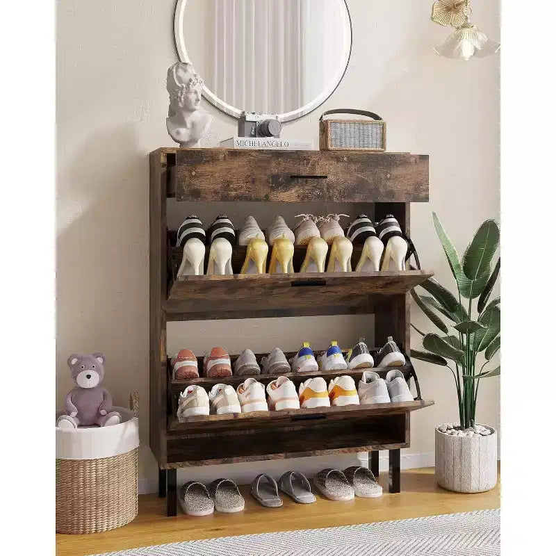 Shoe Cabinet Storage for Entryway Ultra Slim with 2 Flip &1Drop-Down Drawers, Narrow Shoe Cabinet,Freestanding Modern Wood Shoes Organizer