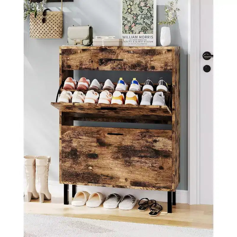 Shoe Cabinet Storage for Entryway Ultra Slim with 2 Flip &1Drop-Down Drawers, Narrow Shoe Cabinet,Freestanding Modern Wood Shoes Organizer