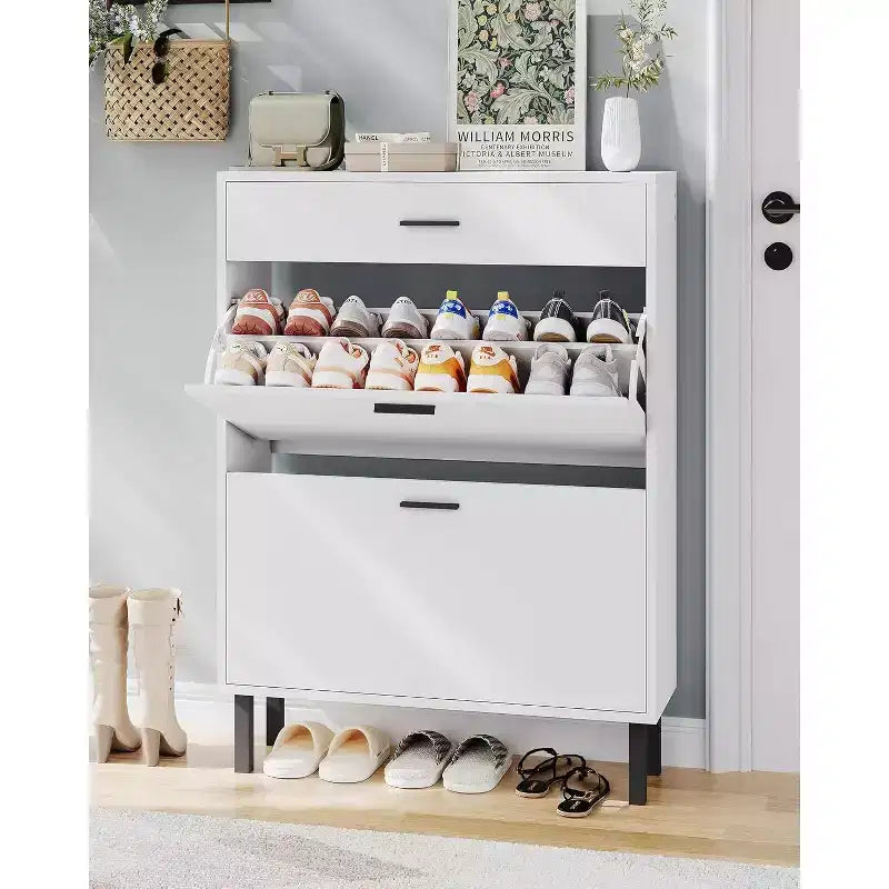 Shoe Cabinet Storage for Entryway Ultra Slim with 2 Flip &1Drop-Down Drawers, Narrow Shoe Cabinet,Freestanding Modern Wood Shoes Organizer