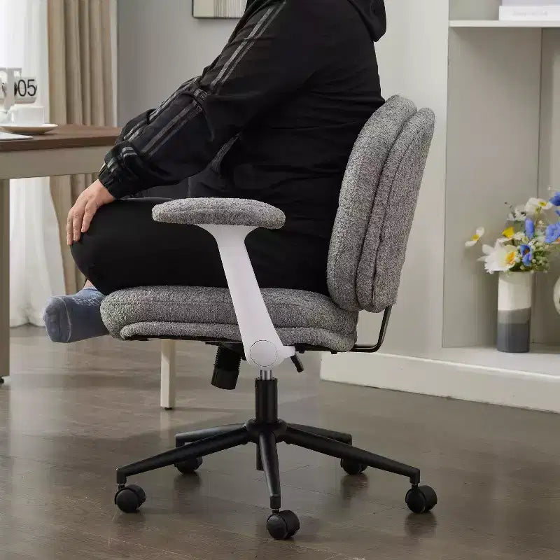 Grey Cross-Leg Flip-Arm Chair: Wide Seat Swivel C Comfy Desk/Vanity for Women, Home/Office Ready