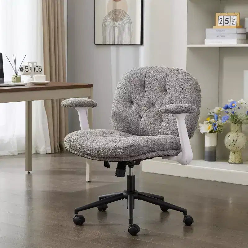 Grey Cross-Leg Flip-Arm Chair: Wide Seat Swivel C Comfy Desk/Vanity for Women, Home/Office Ready