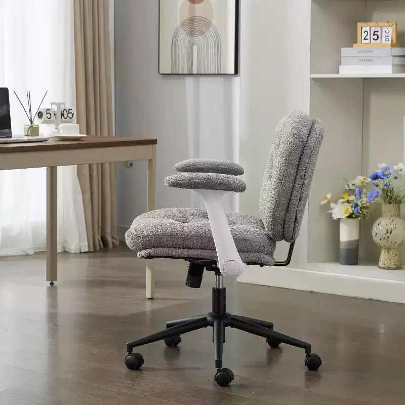 Grey Cross-Leg Flip-Arm Chair: Wide Seat Swivel C Comfy Desk/Vanity for Women, Home/Office Ready