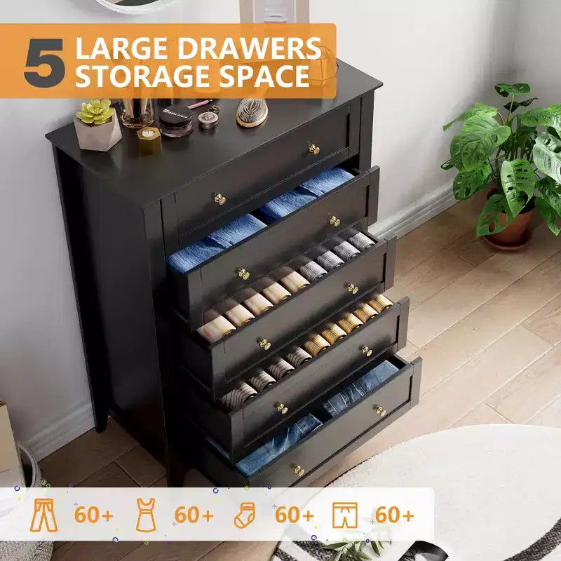 Drawer Tall Nightstand, Farmhouse Style Wooden Storage Cabinet with Deep Drawers & Metal Knobs,for Bedroom, Living Room, and HallwayBLACK