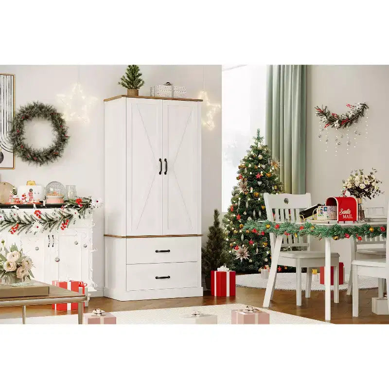 Farmhouse Kitchen Pantry Cabinet,Wood Kitchen Cabinet with Barn Door,Drawers and Adjustable Shelf, Storage for Dining Room,Living Room,Office