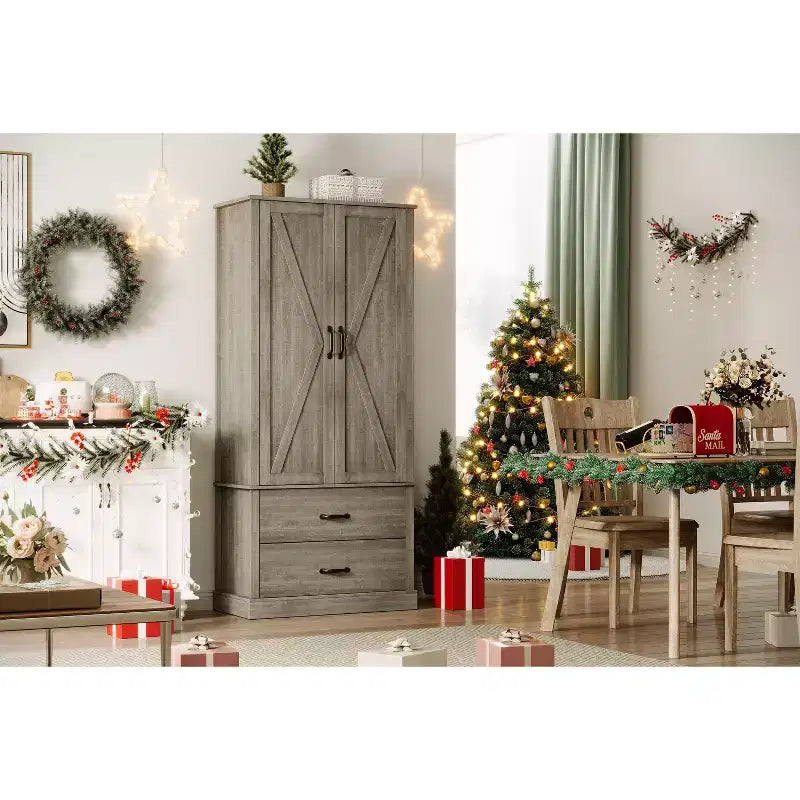 Farmhouse Kitchen Pantry Cabinet,Wood Kitchen Cabinet with Barn Door,Drawers and Adjustable Shelf, Storage for Dining Room,Living Room,Office