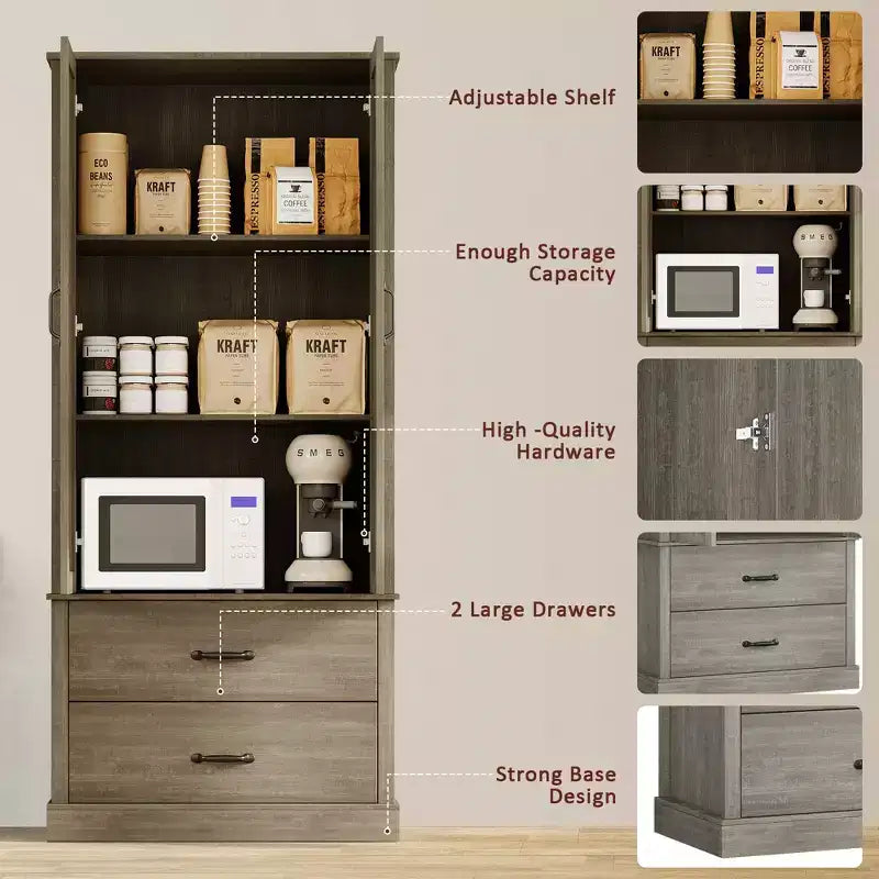 Farmhouse Kitchen Pantry Cabinet,Wood Kitchen Cabinet with Barn Door,Drawers and Adjustable Shelf, Storage for Dining Room,Living Room,Office