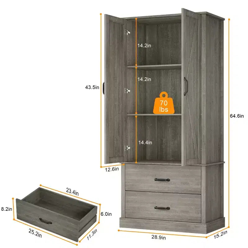 Farmhouse Kitchen Pantry Cabinet,Wood Kitchen Cabinet with Barn Door,Drawers and Adjustable Shelf, Storage for Dining Room,Living Room,Office