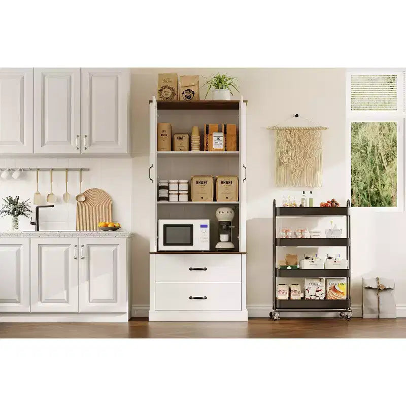 Farmhouse Kitchen Pantry Cabinet,Wood Kitchen Cabinet with Barn Door,Drawers and Adjustable Shelf, Storage for Dining Room,Living Room,Office