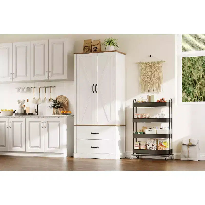 Farmhouse Kitchen Pantry Cabinet,Wood Kitchen Cabinet with Barn Door,Drawers and Adjustable Shelf, Storage for Dining Room,Living Room,Office