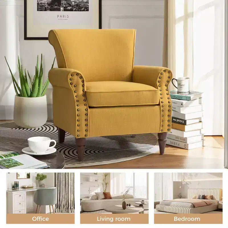 Upholstered Armchair with Solid Wood Legs, Mustard