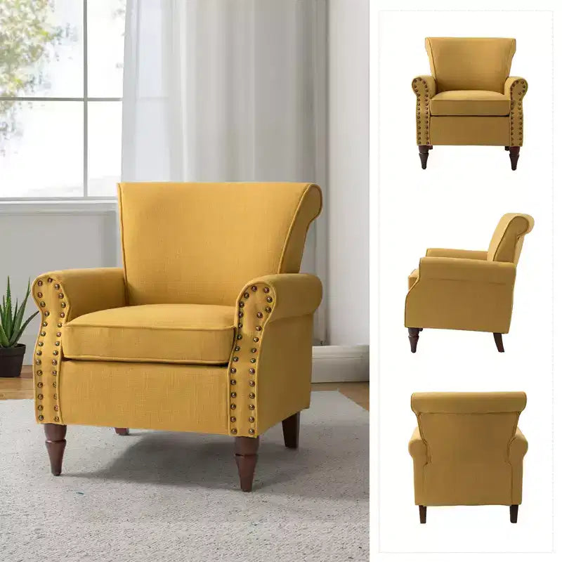 Upholstered Armchair with Solid Wood Legs, Mustard