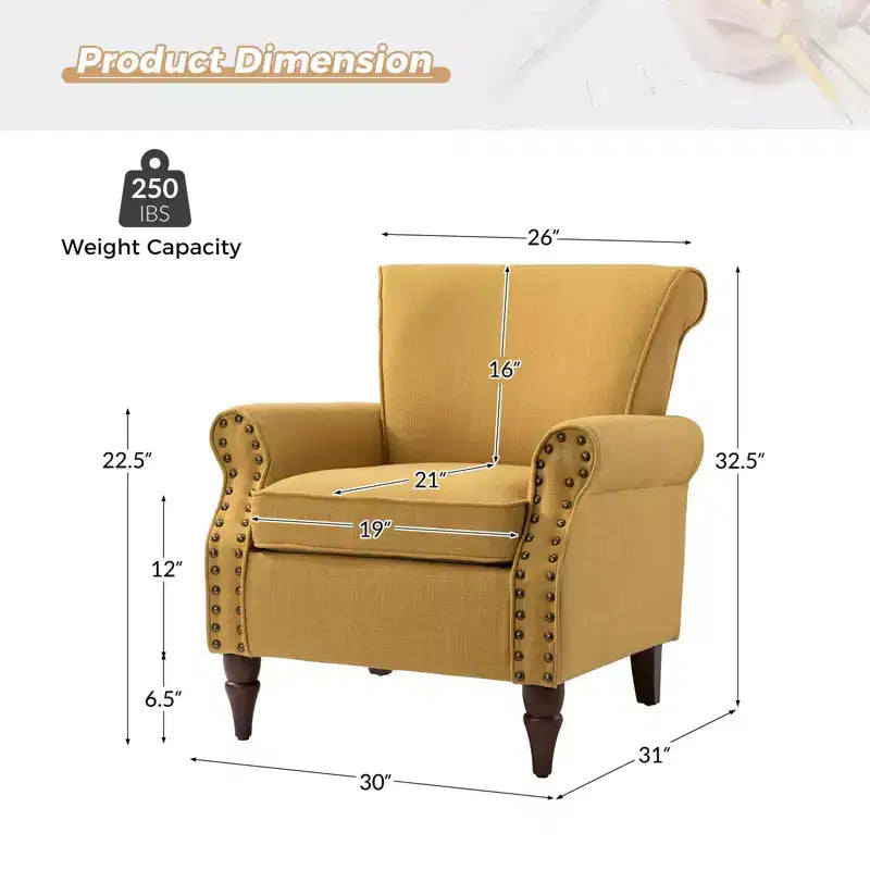 Upholstered Armchair with Solid Wood Legs, Mustard