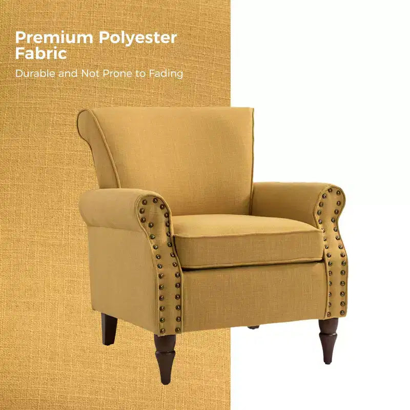 Upholstered Armchair with Solid Wood Legs, Mustard