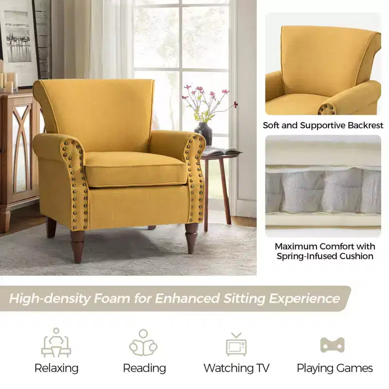 Upholstered Armchair with Solid Wood Legs, Mustard