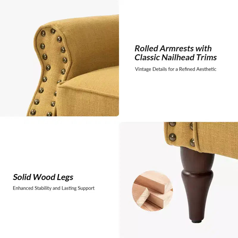 Upholstered Armchair with Solid Wood Legs, Mustard