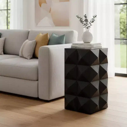 Homy Casa End Side Table, Geometric Carved Solid Wood End Table, Black Accent Table for Living Room, Bedroom