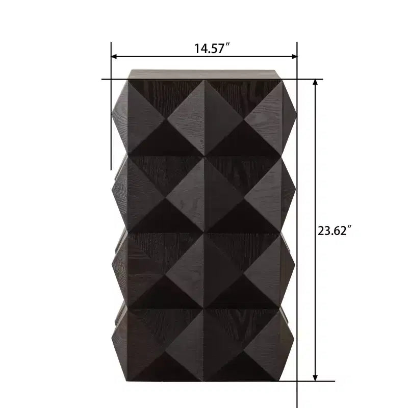 Geometric Carved Solid Wood End Table, Black Accent Table for Living Room & Bedroom