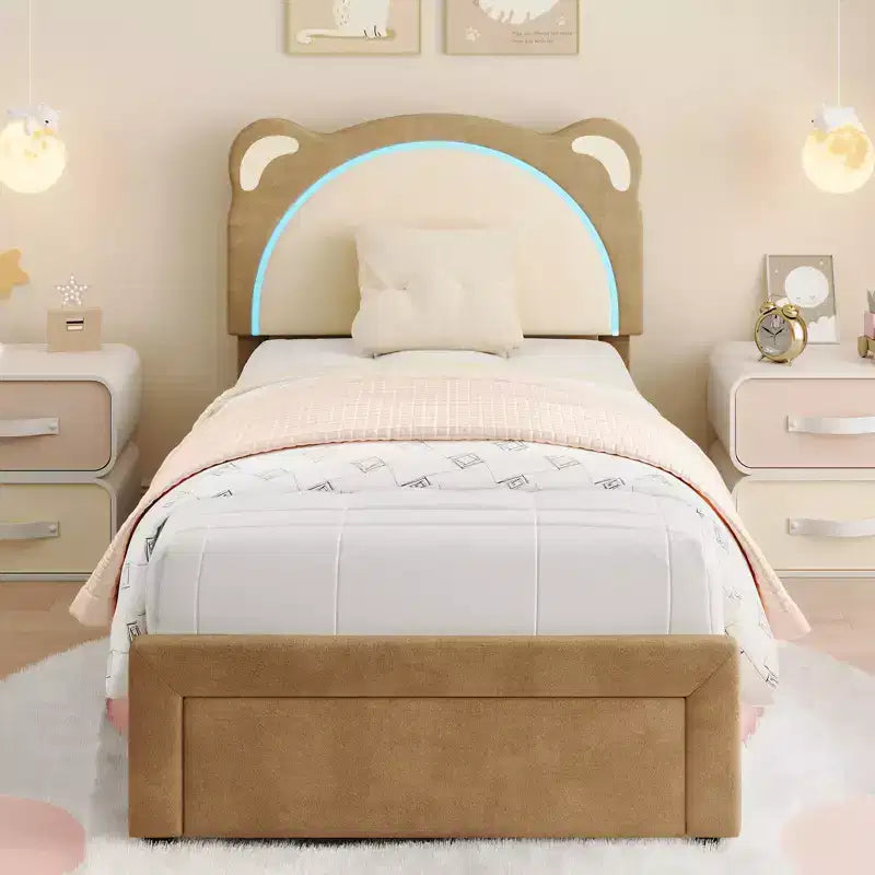 Twin Bed Frame, Upholstered Platform Bed Frame with Adjustable Headboard & Smart Led, Wooden Slats Support, No Box Spring Needed