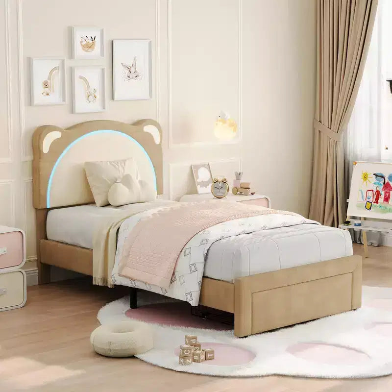 Twin Bed Frame, Upholstered Platform Bed Frame with Adjustable Headboard & Smart Led, Wooden Slats Support, No Box Spring Needed