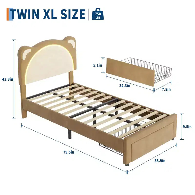 Twin Bed Frame, Upholstered Platform Bed Frame with Adjustable Headboard & Smart Led, Wooden Slats Support, No Box Spring Needed