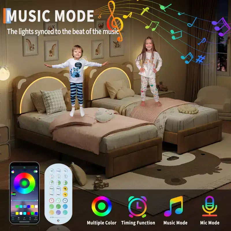 Twin Bed Frame, Upholstered Platform Bed Frame with Adjustable Headboard & Smart Led, Wooden Slats Support, No Box Spring Needed