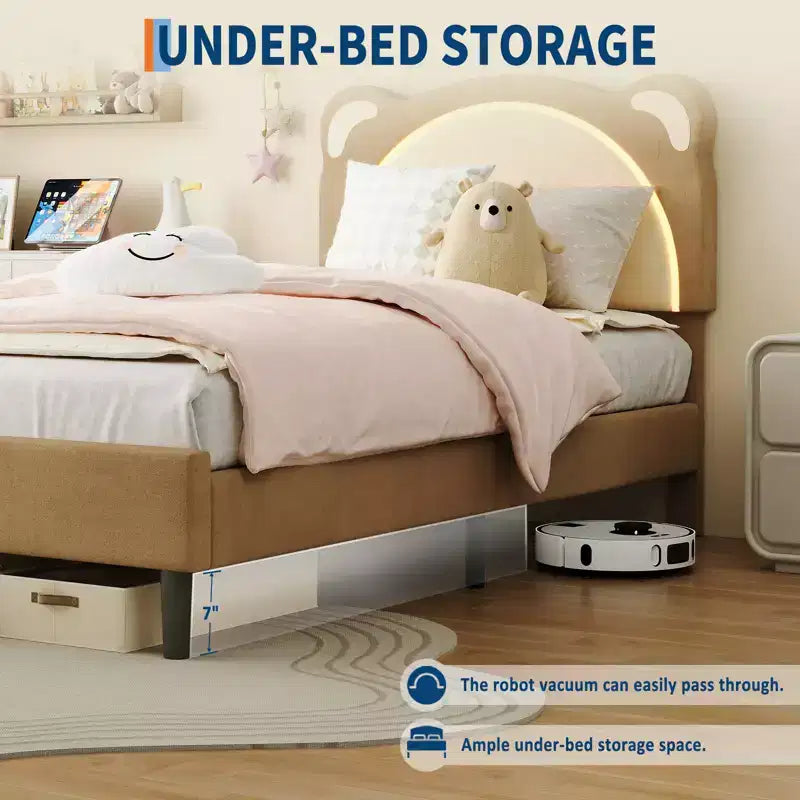 Twin Bed Frame, Upholstered Platform Bed Frame with Adjustable Headboard & Smart Led, Wooden Slats Support, No Box Spring Needed