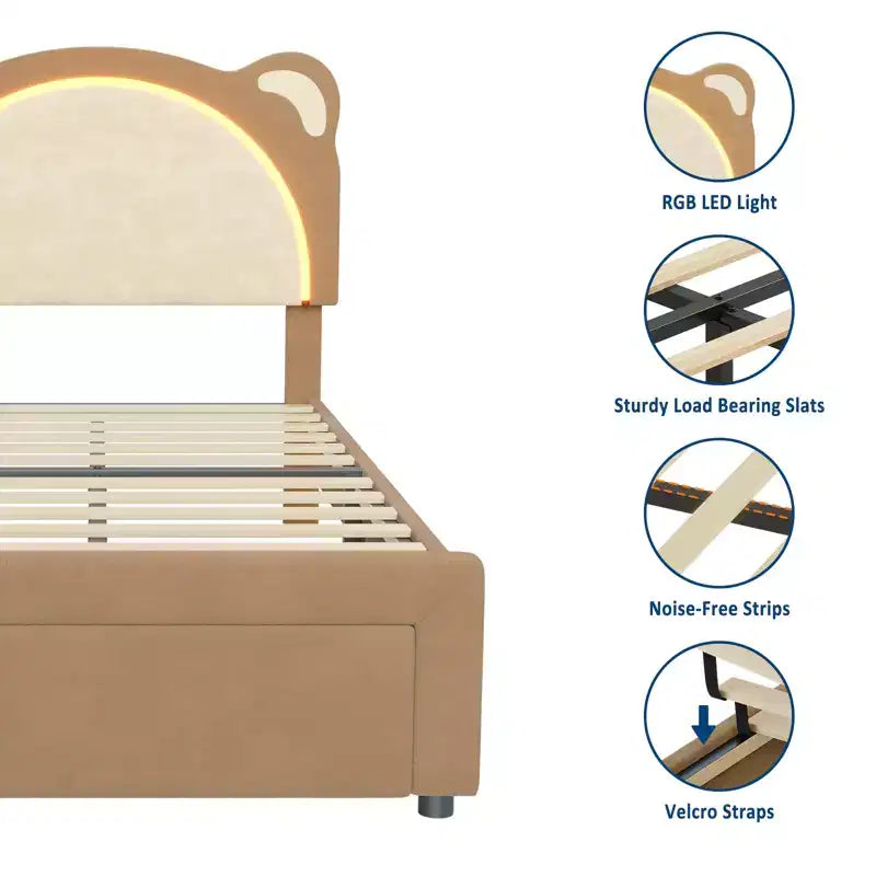 Twin Bed Frame, Upholstered Platform Bed Frame with Adjustable Headboard & Smart Led, Wooden Slats Support, No Box Spring Needed