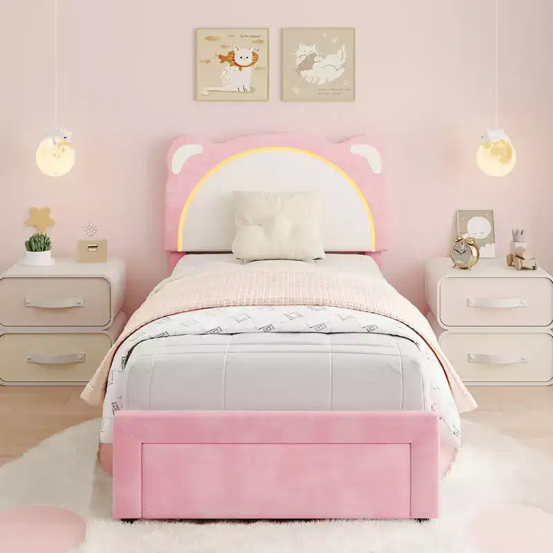 Twin Bed Frame, Upholstered Platform Bed Frame with Adjustable Headboard & Smart Led, Wooden Slats Support, No Box Spring Needed