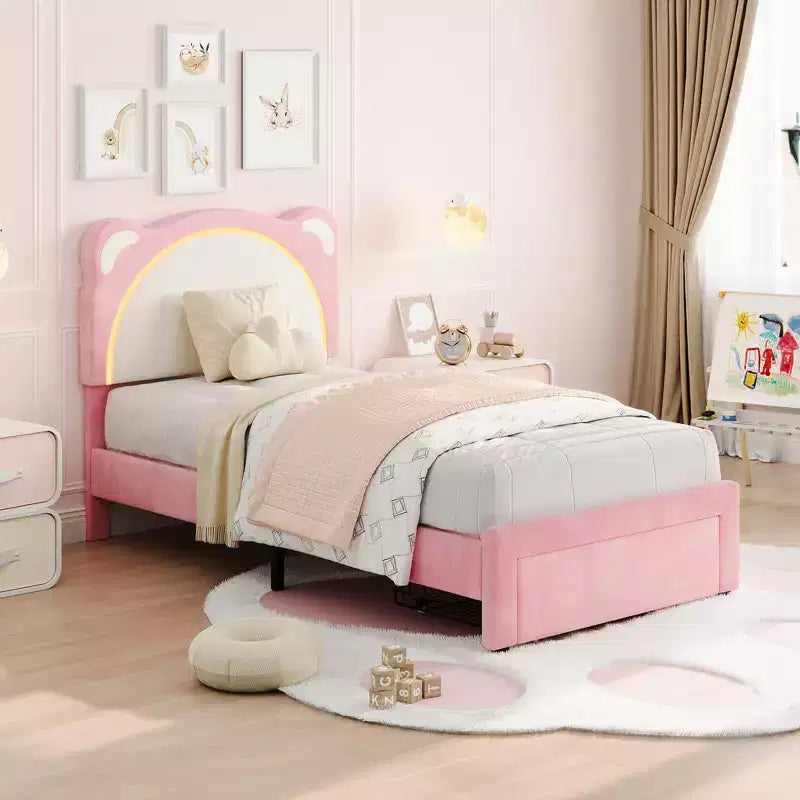 Twin Bed Frame, Upholstered Platform Bed Frame with Adjustable Headboard & Smart Led, Wooden Slats Support, No Box Spring Needed