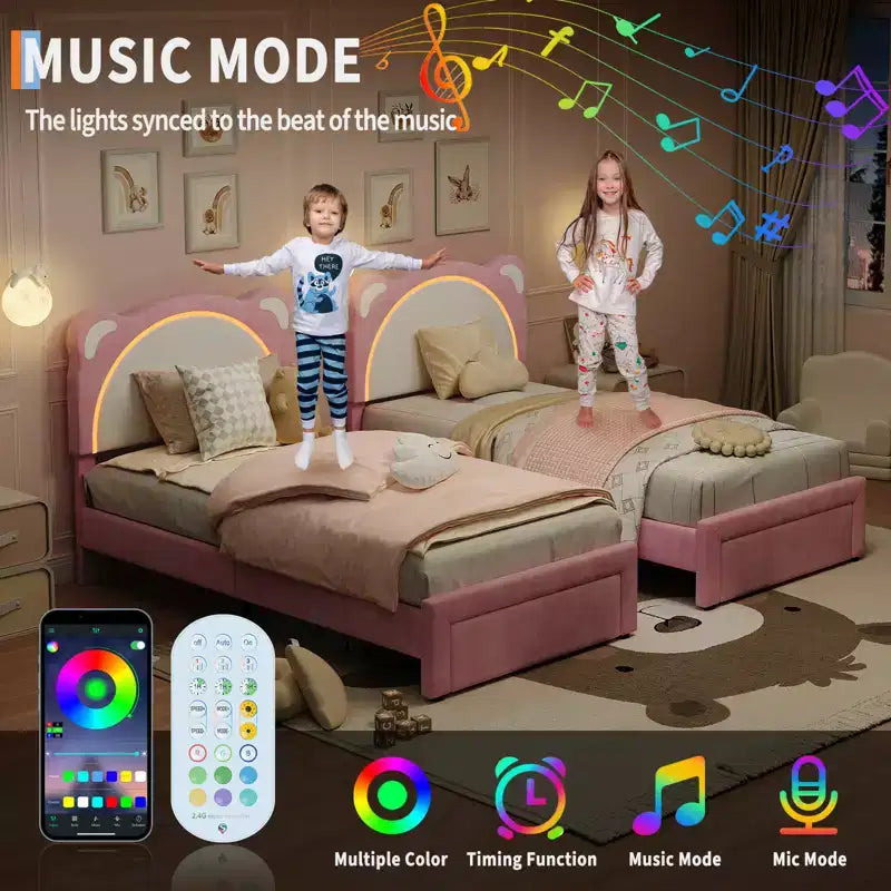 Twin Bed Frame, Upholstered Platform Bed Frame with Adjustable Headboard & Smart Led, Wooden Slats Support, No Box Spring Needed