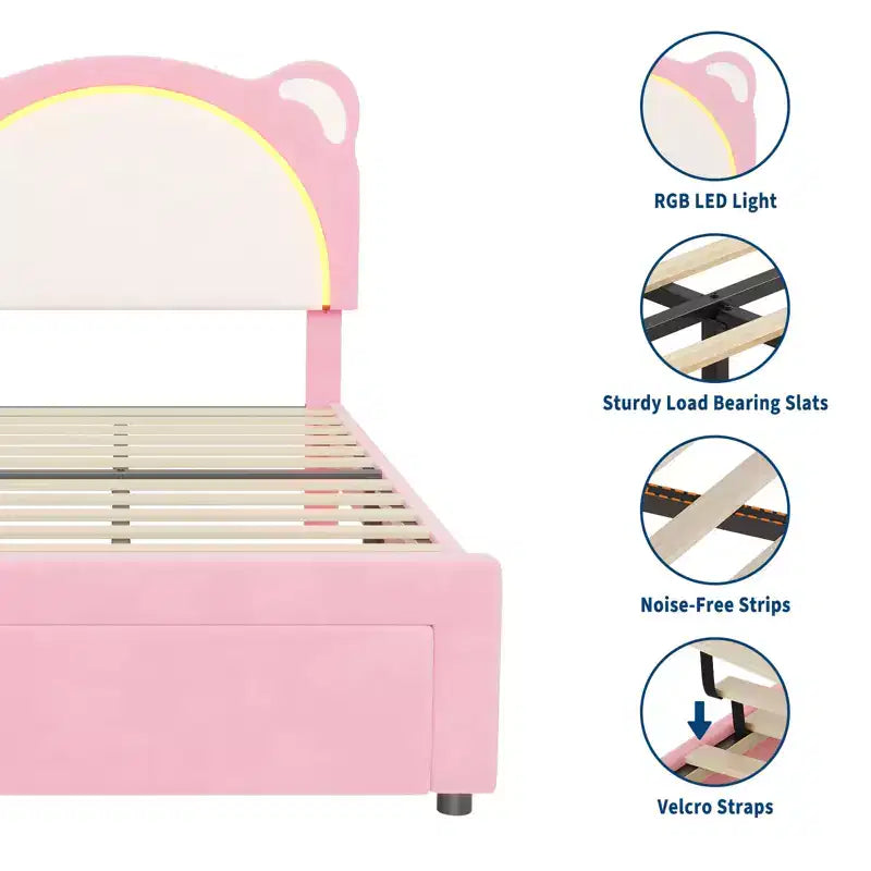 Twin Bed Frame, Upholstered Platform Bed Frame with Adjustable Headboard & Smart Led, Wooden Slats Support, No Box Spring Needed