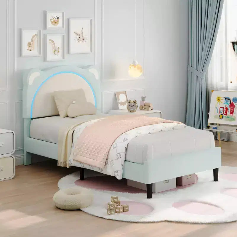 Twin Bed Frame, Upholstered Platform Bed Frame with Adjustable Headboard & Smart Led, Wooden Slats Support, No Box Spring Needed