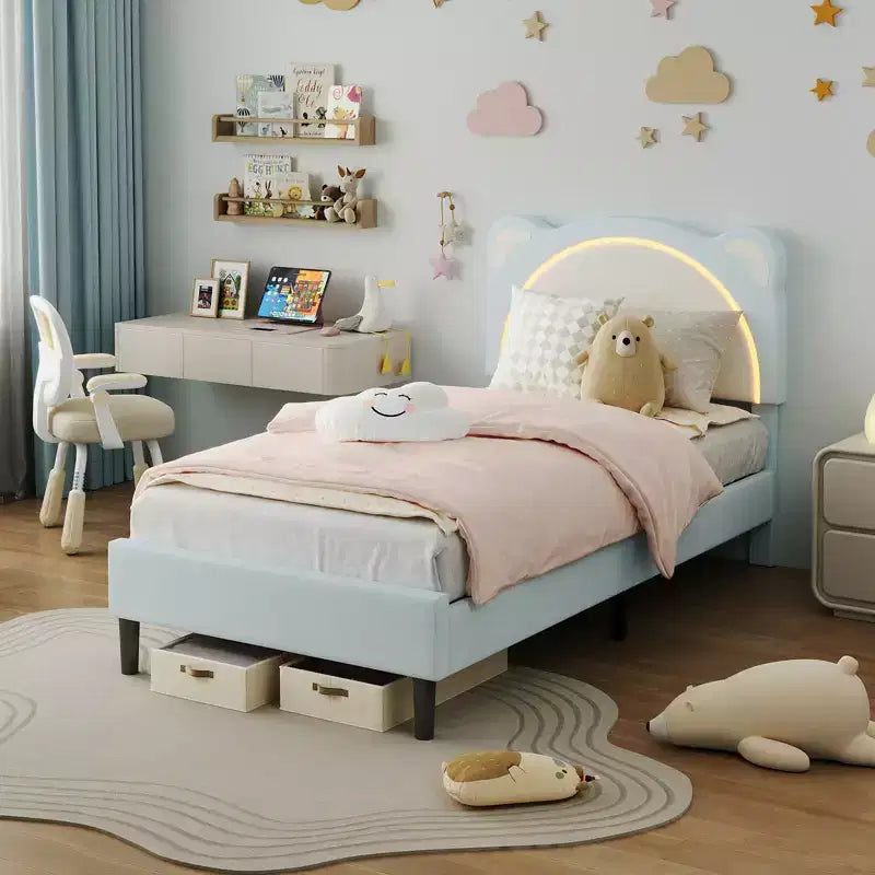 Twin Bed Frame, Upholstered Platform Bed Frame with Adjustable Headboard & Smart Led, Wooden Slats Support, No Box Spring Needed