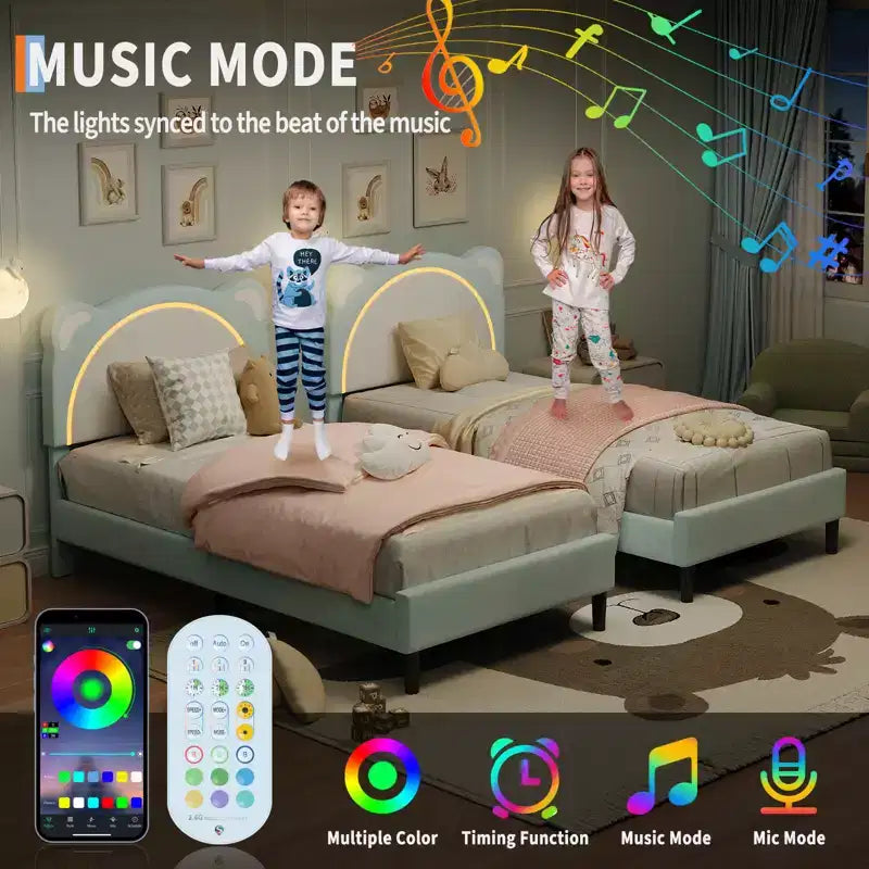 Twin Bed Frame, Upholstered Platform Bed Frame with Adjustable Headboard & Smart Led, Wooden Slats Support, No Box Spring Needed