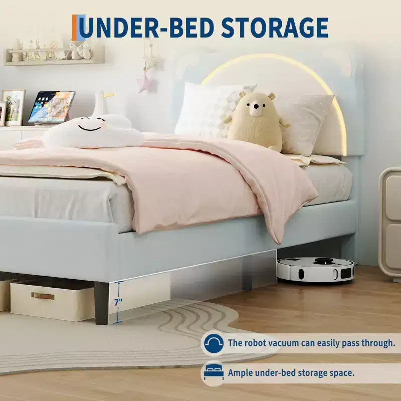 Twin Bed Frame, Upholstered Platform Bed Frame with Adjustable Headboard & Smart Led, Wooden Slats Support, No Box Spring Needed