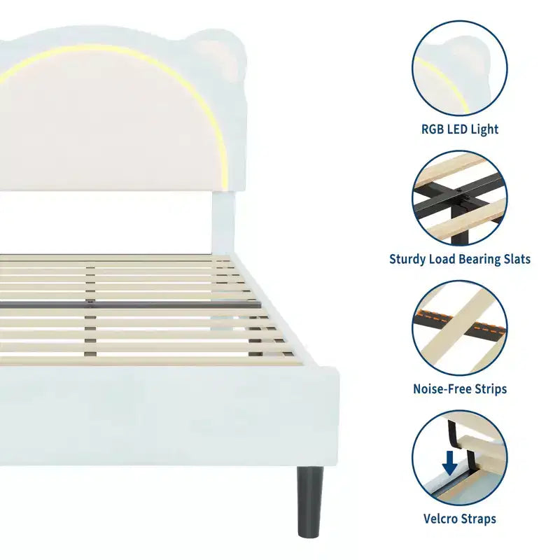 Twin Bed Frame, Upholstered Platform Bed Frame with Adjustable Headboard & Smart Led, Wooden Slats Support, No Box Spring Needed