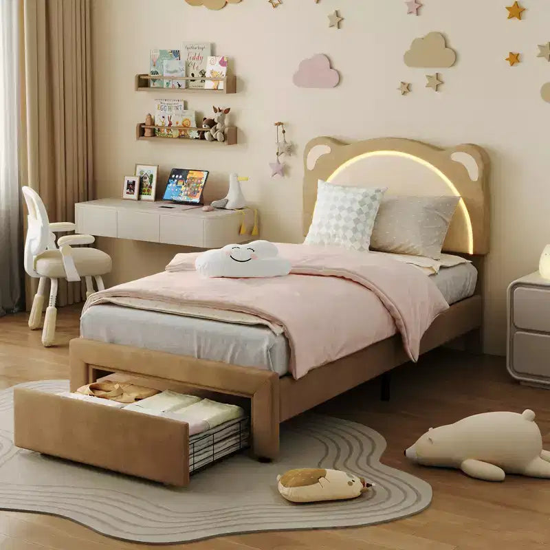 Twin Bed Frame, Upholstered Platform Bed Frame with Adjustable Headboard & Smart Led, Wooden Slats Support, No Box Spring Needed