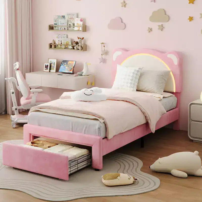 Twin Bed Frame, Upholstered Platform Bed Frame with Adjustable Headboard & Smart Led, Wooden Slats Support, No Box Spring Needed