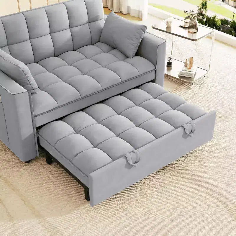 Velvet Sleeper Sofa with Pull-Out Bed, Side Pockets & Pillows for Small Spaces, Light Gray