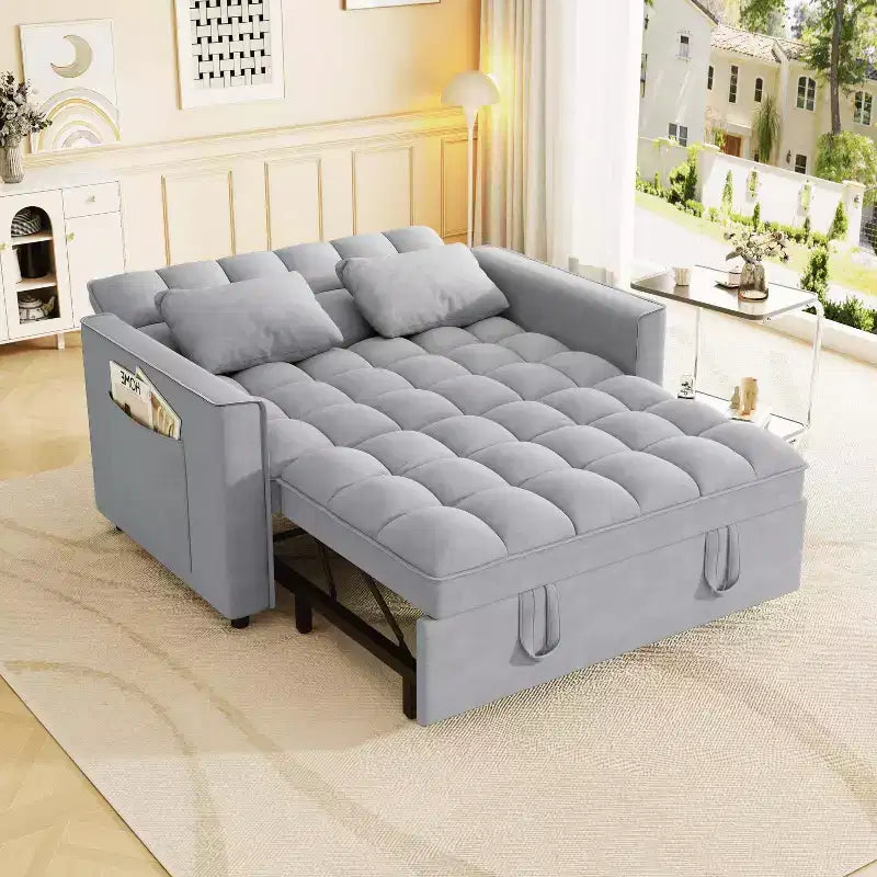 Velvet Sleeper Sofa with Pull-Out Bed, Side Pockets & Pillows for Small Spaces, Light Gray