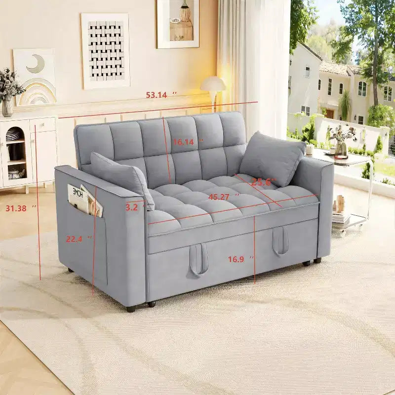 Velvet Sleeper Sofa with Pull-Out Bed, Side Pockets & Pillows for Small Spaces, Light Gray
