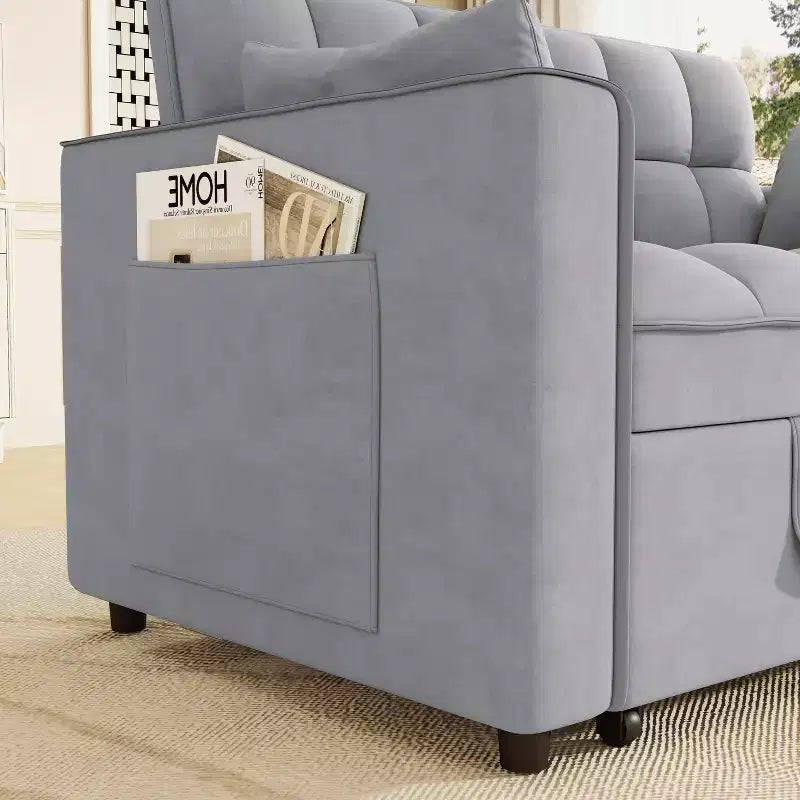 Velvet Sleeper Sofa with Pull-Out Bed, Side Pockets & Pillows for Small Spaces, Light Gray
