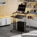 Adjustable Standing Desk with Power Outlets, Tiltable Tabletop, Wheels & Shelf