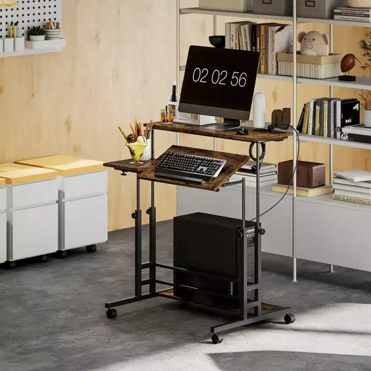 Bureau réglable en hauteur avec prises de courant, plateau inclinable, roulettes et étagère